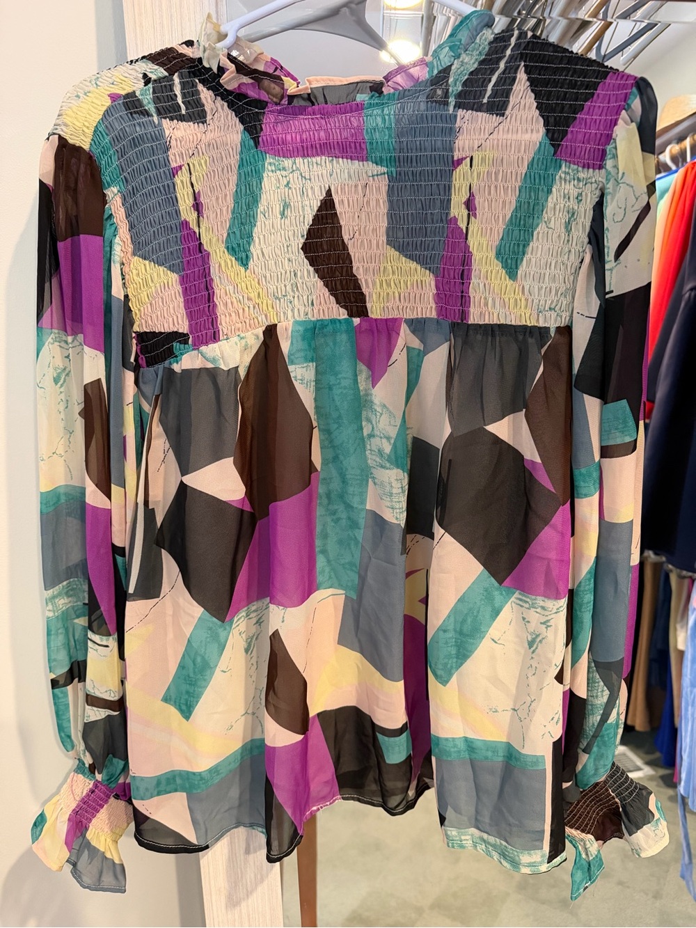 Women's Multicolor Geometric Long-Sleeve Blouse - Purple/Teal/Black